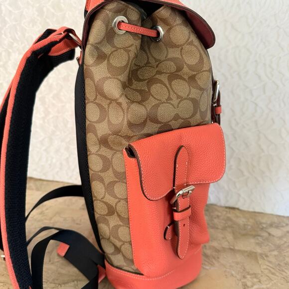 Coach Hudson Logo Print Backpack Brown Coral Buckle Drawstring Adjustable Straps main image 11
